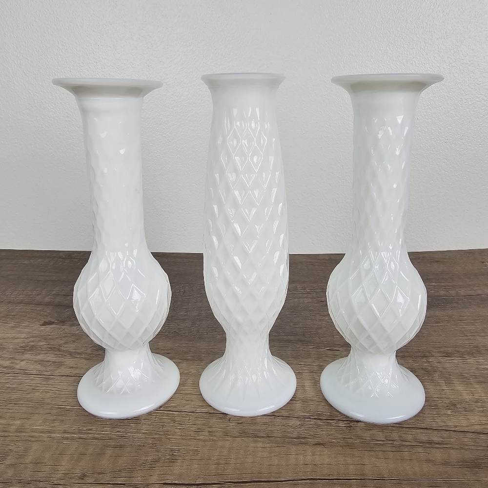 Vintage E.O. Brody Co. Diamond Pattern Milk Glass Bud Vases - Set of 3